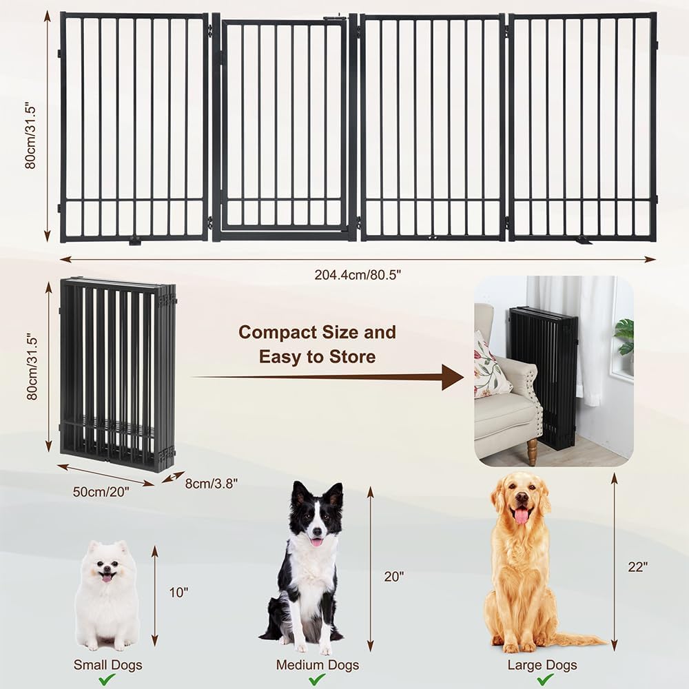 Metal Freestanding Dog Gate with Door, Extra Wide 81, 31 Height Foldable Dog Gates for Doorways, Tall Pet Fence Indoor Outdoor Pet Gates, 4 Panels Pet Barrier for Stairs Hallways, Black
